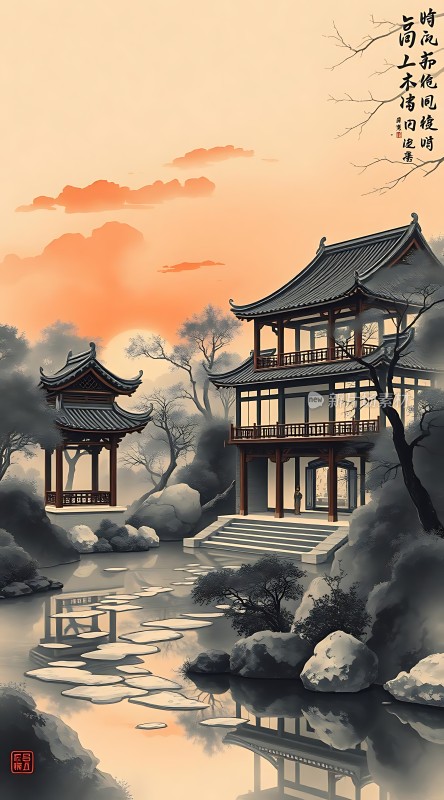 古亭水阁映夕阳