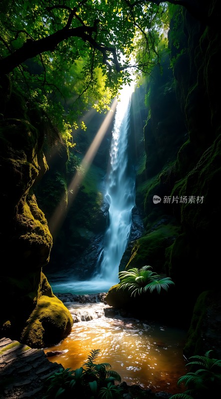 阳光下的瀑布与溪流