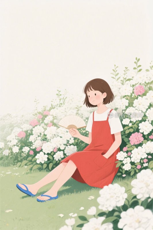 女孩坐花丛插画
