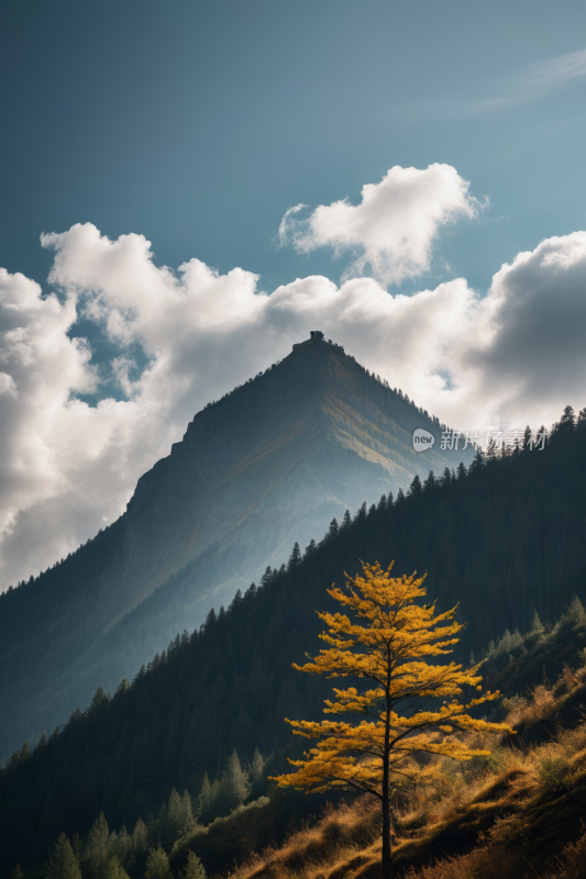 在草山上一棵孤树高山清风景图片