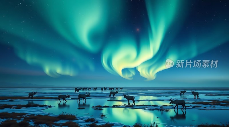 极光下的麋鹿群