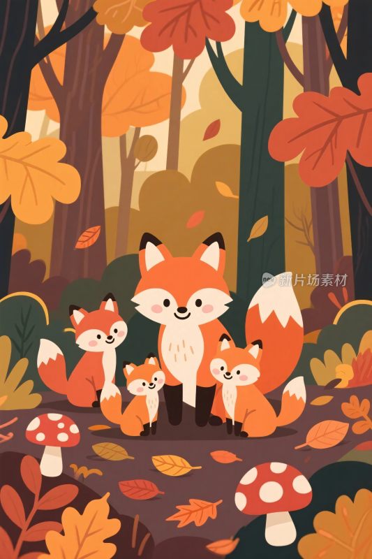 森林中的狐狸家庭插画