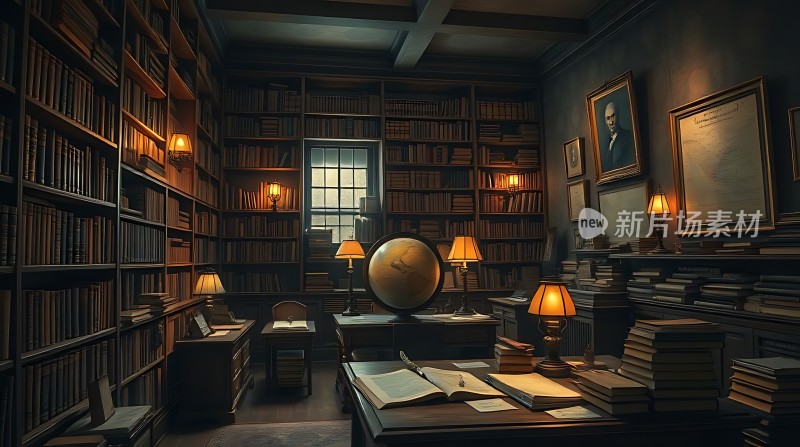 书房秘境书架、桌灯与地球仪