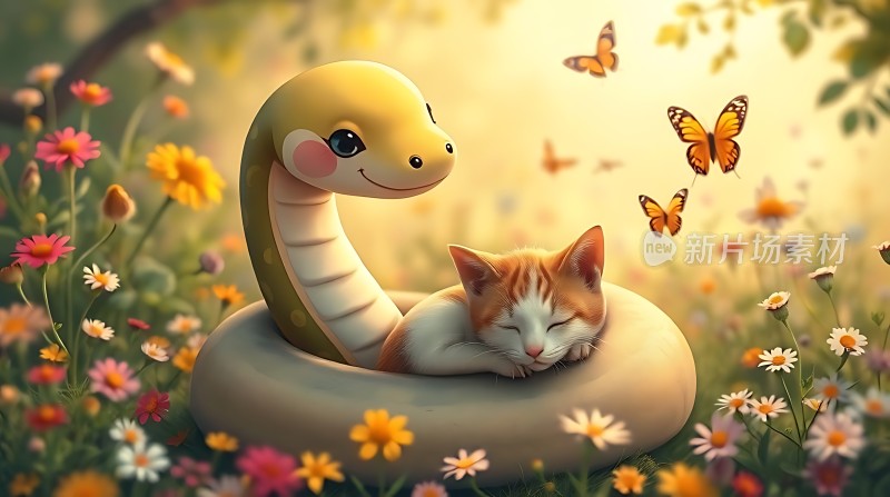 猫蛇共枕花丛中蝴蝶翩翩舞春光
