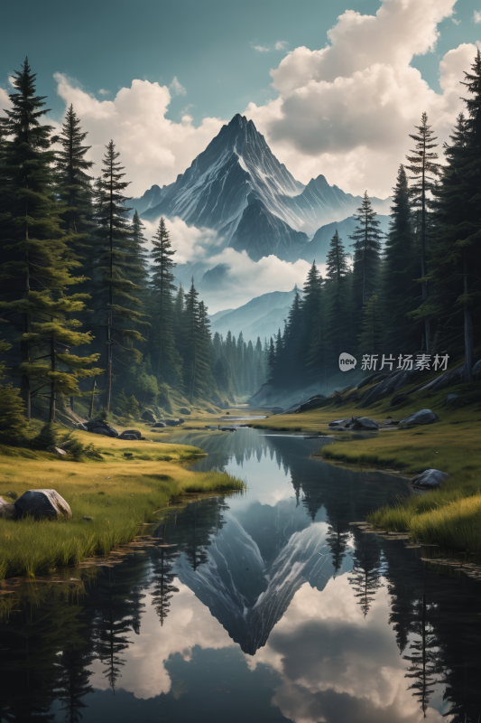 远处一座山前景是一个湖高清风景插图片