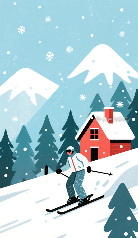 冬天雪景滑雪插画背景