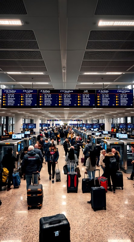 机场候机大厅旅客们拖着行李箱排队等待登机