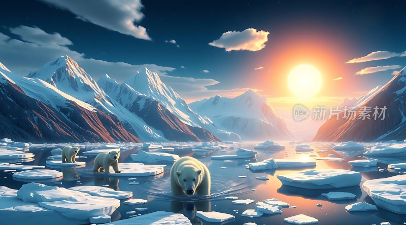 极地风光北极熊与冰山日落