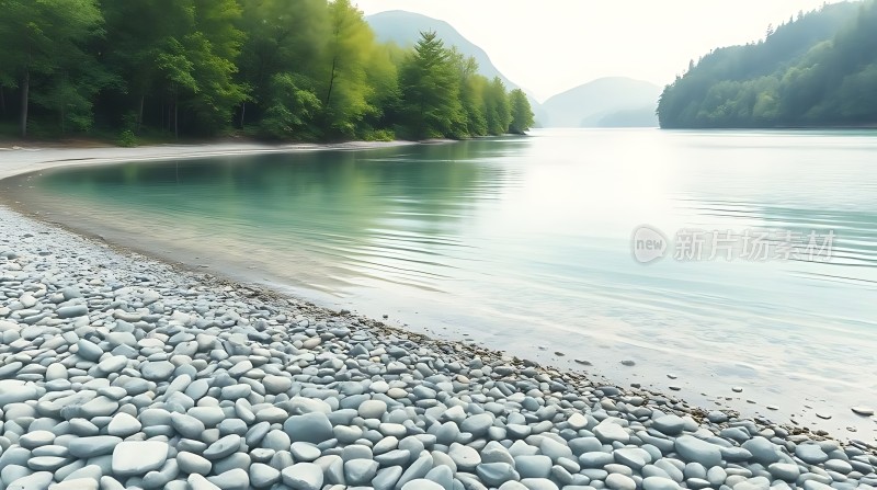 湖畔绿意盎然静谧石滩映碧波