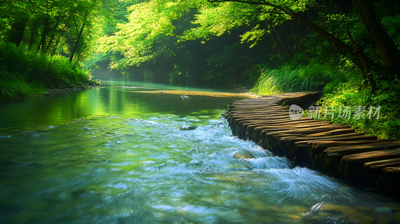 森林木栈道小径深山小桥流水溪流自然风景