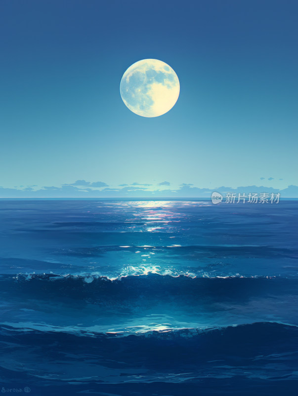 夜晚的海洋和明亮的月亮