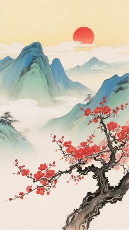 红梅映日山水国画