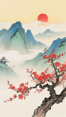 红梅映日山水国画 红梅映日山水国画