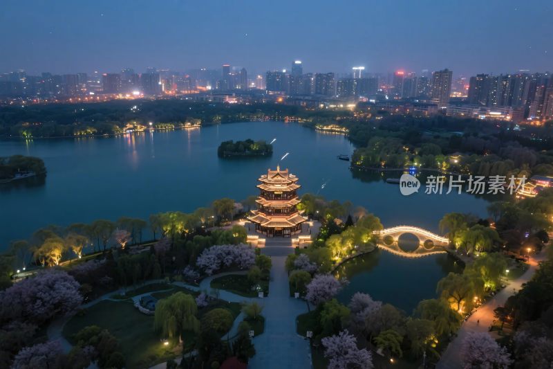 夜景古塔湖泊风光
