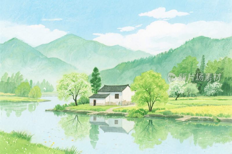 水彩田园山水风景插画