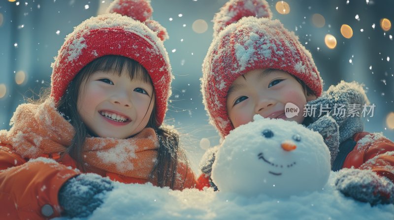 雪地堆雪人冬天下雪小孩儿童嬉戏