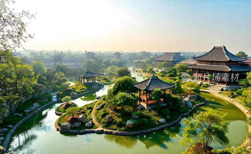 东方园林美景亭台楼阁与自然和谐共存
