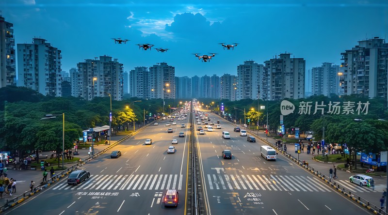 未来之城无人机与车流共舞