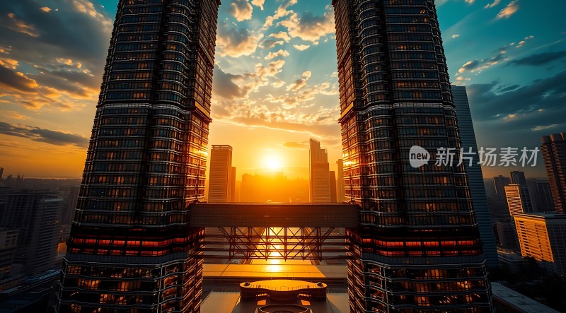 双塔摩天大楼日落美景