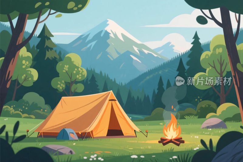森林中的露营场景插画