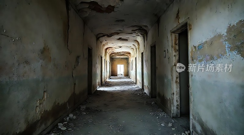 废弃走廊光影交错下的神秘通道