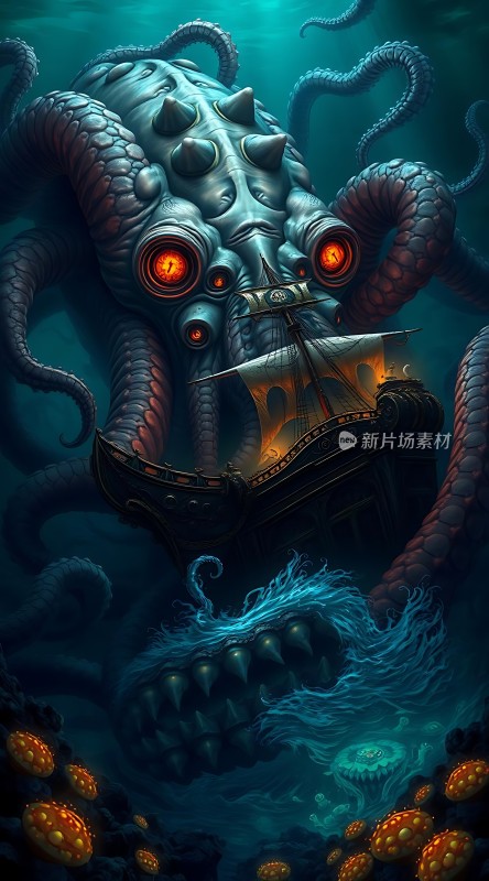 深海巨怪吞噬帆船
