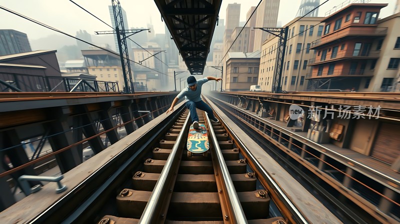 少年滑板铁轨间城市高楼映衬下