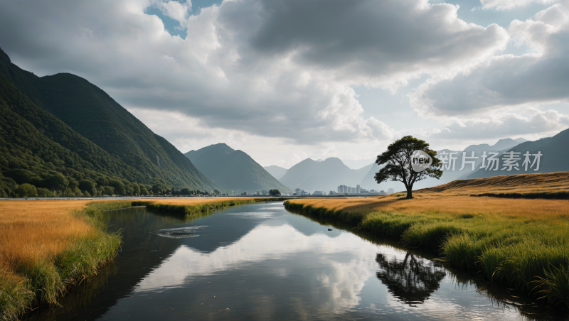 一条小河流过一片草地高清图片