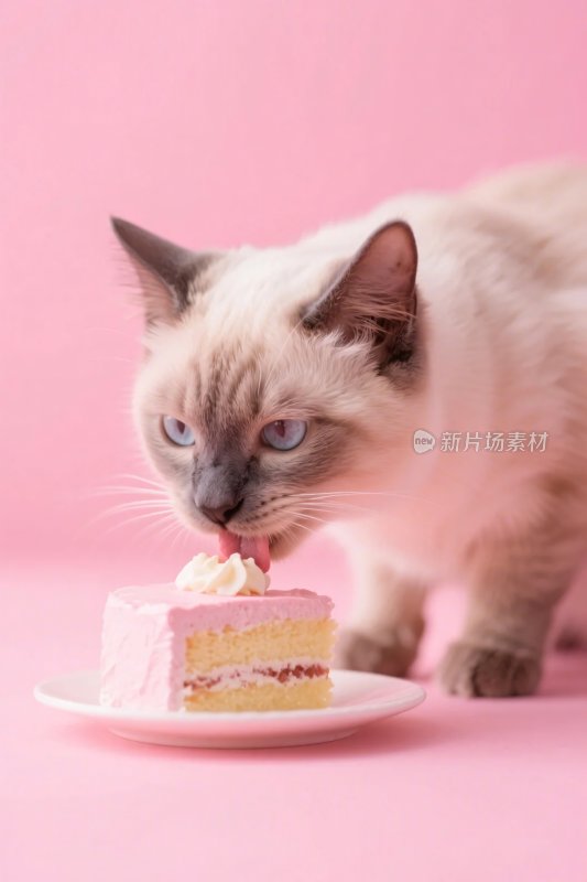 猫咪吃粉色蛋糕