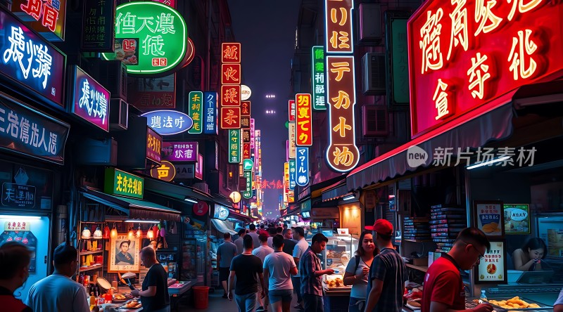 繁华夜市霓虹闪烁热闹非凡