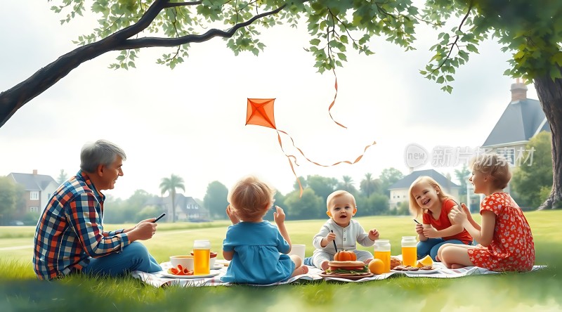家庭野餐放风筝的快乐时光