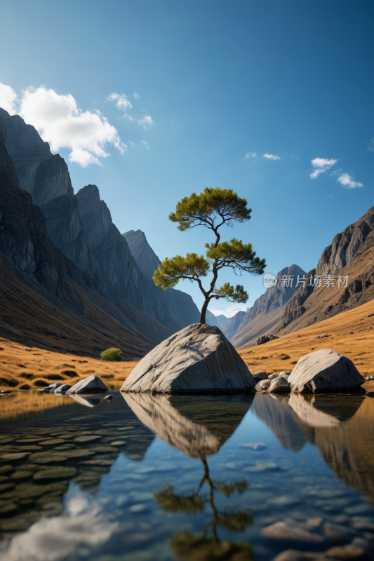 湖中央的一块岩石上着一棵孤树高清风景图片