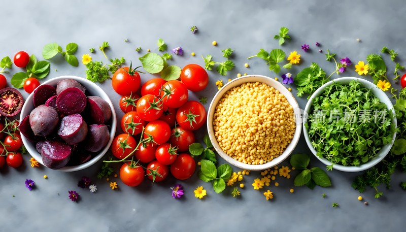 新鲜蔬菜水果谷物拼盘