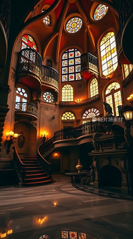 宏伟宫殿内部彩色玻璃窗与精美楼梯的结合