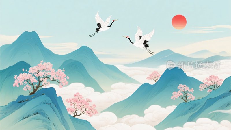 山水间双鹤伴日飞翔图景