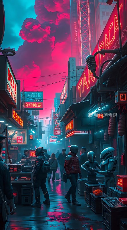 霓虹灯下的未来都市风情街