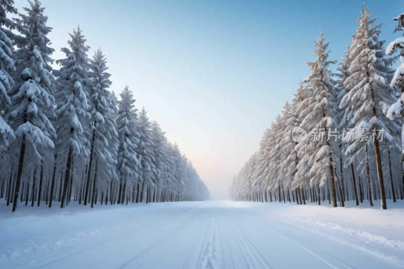 雪树排列在雪林中的一条小路上高清风景图片