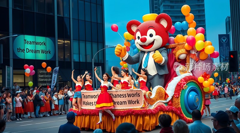 卡通人物游行气球与人群共庆节日