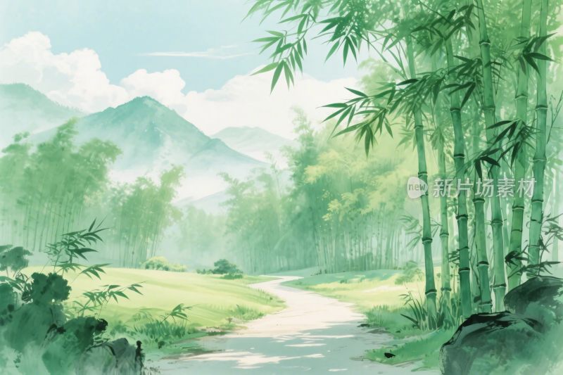 山水竹林水墨画