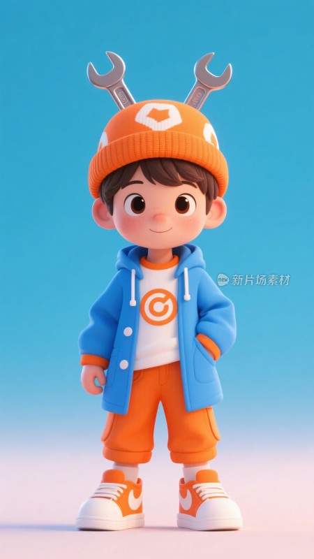 戴扳手帽的卡通小男孩形象