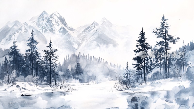 雪山水粉画