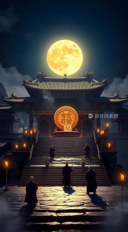 古寺夜月僧侣静修