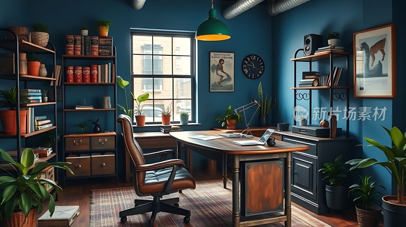 复古书桌绿植环绕蓝色墙面温馨舒适