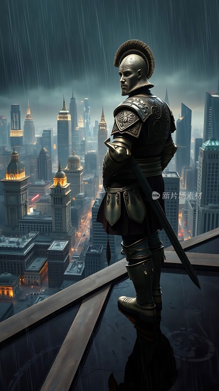 雨夜古罗马战士俯瞰现代城市