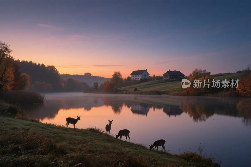湖畔晨曦中鹿群漫步美景