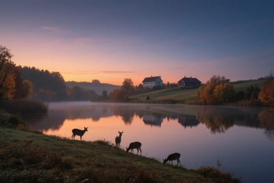 湖畔晨曦中鹿群漫步美景 湖畔晨曦中鹿群漫步美景