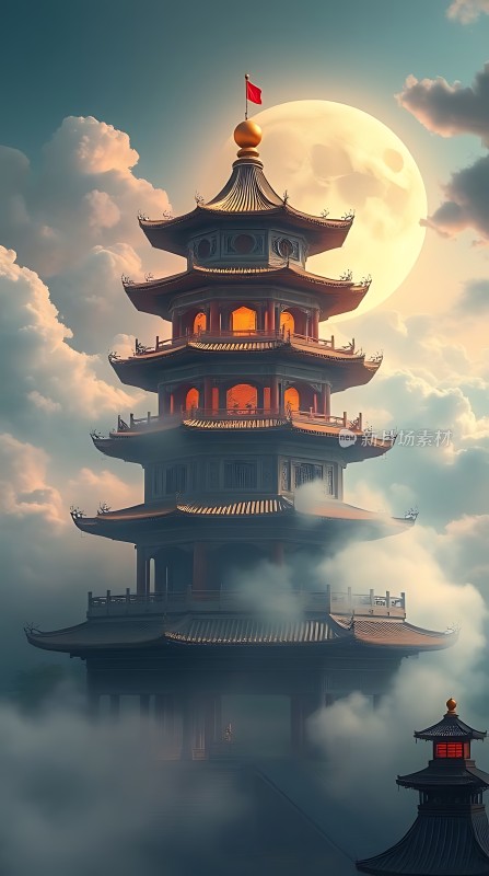 云雾缭绕中的多层宝塔顶部飘扬着红旗背景是明月高悬