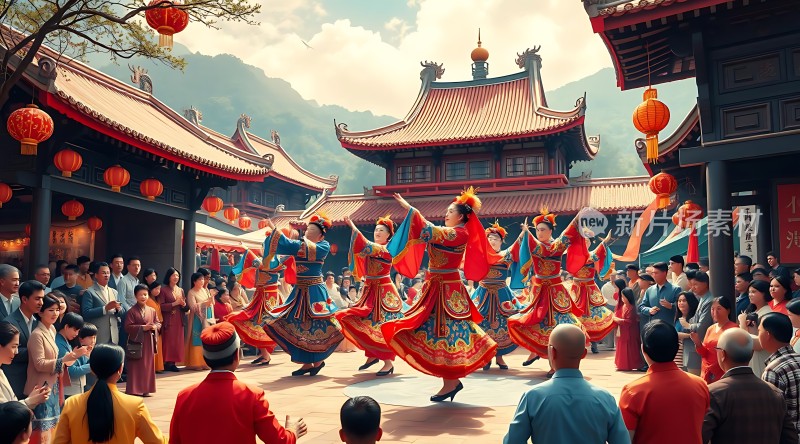 传统节日庆典舞者翩翩起舞观众围观