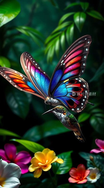 蝴蝶与蜂鸟共舞于花丛间