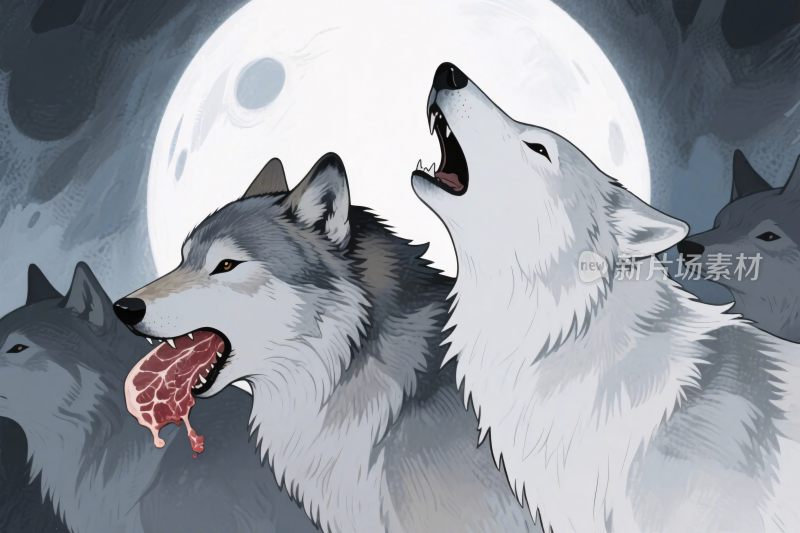狼群圆月嚎叫插画